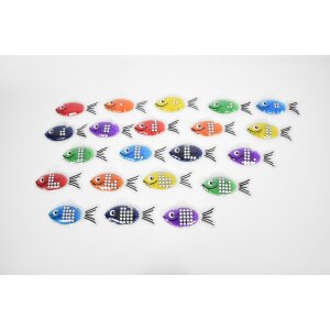 21 gelvissen in verschillende regenboogkleuren. 